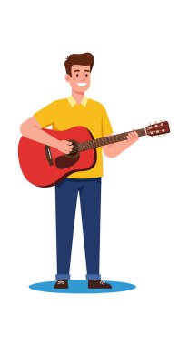 Kırmızı akustik gitar çalan ve ayakta duran genç bir adamın tasviri gündelik kıyafetlerle, neşe ve yaratıcılığı ifade ediyor. Neşeli ruh hali.