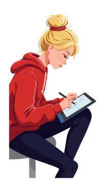 Stylus 'la dijital tablete resim çizmeye odaklanmış genç bir kadının tasviri, gündelik duruş, yaratıcı ve sakin bir ruh hali..