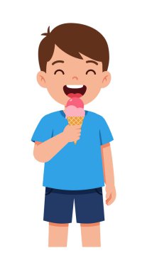 Resim, mutlu bir çocuğun mavi gömlek ve şort giymiş pembe dondurma külahının keyfini çıkardığını gösteriyor. Neşeli ruh hali.