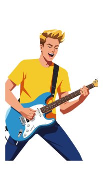 İllüzyon, genç bir adamın tutkulu bir şekilde elektro gitar çaldığını gösteriyor. Sarı gömlek ve mavi pantolon giymiş, neşeli bir ruh hali içinde..