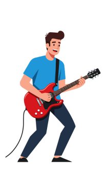 İllüzyon, genç bir adamın mavi gömlek ve siyah pantolon giymiş kırmızı elektro gitar çaldığını gösteriyor. Ruh hali enerjik ve hayat dolu..