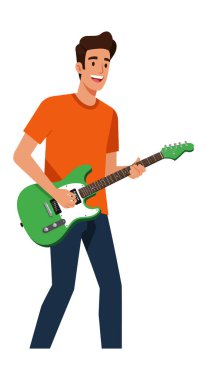 Turuncu gömlekli genç adam yeşil elektro gitar çalıyor. Keyifli ve neşeli bir stil vektör illüstrasyonuyla coşkulu..