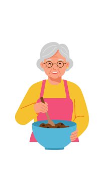 Resimde, gözlük takan yaşlı bir kadın ve mavi bir kasede yemek karıştıran pembe bir önlük, sakin bir ev hanımı ve sıcaklığı canlandırıyor..