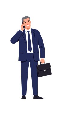 Resim, mavi takım elbiseli bir işadamının telefonla konuştuğunu ve elinde bir evrak çantası tuttuğunu gösteriyor. Portre oryantasyonunda güvenle ayakta duruyor. Sakin ol..