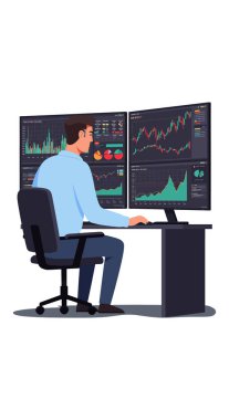 Adam bir ofis ortamında birden fazla ekran üzerinde finansal tablolar ve grafikler okuyor, veri analizi ve pazar eğilimlerine odaklanıyor. Sakin atmosfer.