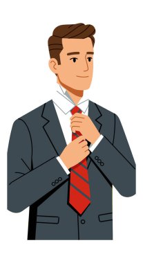 Resimde, bir iş adamının kırmızı çizgili kravatını, portre tarzında tasvir edilmiş koyu renkli bir takım elbise giyerken ayarladığı görülüyor. Profesyonel ruh hali..