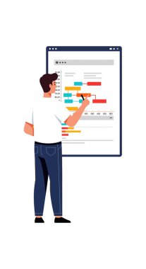 Adam, modern ofis ortamında, odaklanmış ve düşünceli bir şekilde, büyük dijital ekranda renkli çalışma akış çizelgeleri okuyor..