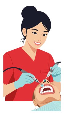 Bir kadın diş hekimi, dişlerini tedavi etmek için klinik bir ortamda diş hekimliği yapar, profesyonel diş bakımı ve odaklanma gösterir. Sakin ol.