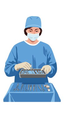 Mavi önlük ve maske giyen cerrah, klinik ortamdaki cerrahi aletleri tepsiye yerleştirir..