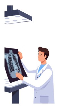 Doktor, klinik ortamda özel ışık altında göğüs röntgeni görüntüsünü inceleyerek sakin bir profesyonellikle hastanın teşhisine odaklanıyor..
