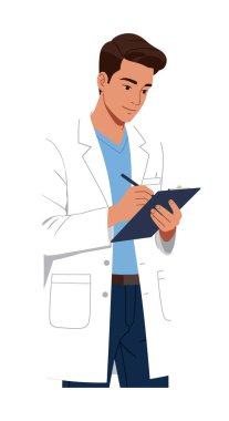 Beyaz önlüklü genç erkek doktor sakin ve odaklanmış bir ortamda panoya notlar yazıyor..