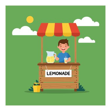 Çizimler, güneşli bir gökyüzünün altındaki ahşap bir stantta limonata satan mutlu bir çocuğun neşeli bir yaz havası yarattığını gösteriyor..