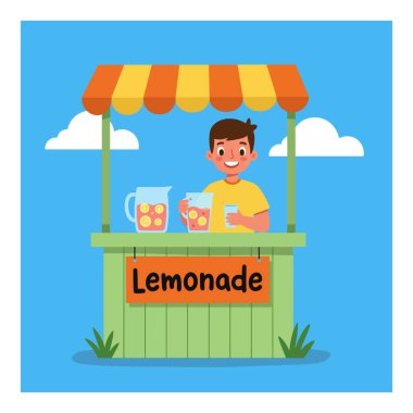 Parlak mavi bir gökyüzünün altında sarı ve turuncu çizgili bir tepe örtüsü olan yeşil bir stantta limonata satan bir çocuk. Neşeli ruh hali.