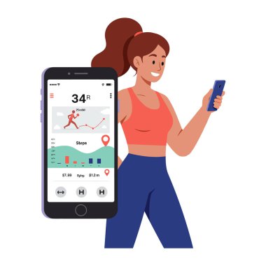 Aktif giyimli bir kadın telefonunda koşan bir fitness takip uygulaması kullanır ve neşeli bir şekilde tasvir edilen grafikler ve simgelerle adımlar atar..