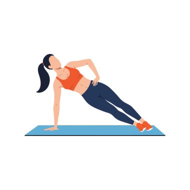 Kadınlar mavi bir paspasın üzerinde turuncu spor bluz ve tayt giyerek yan kalas pozisyonunda duruyor. Bu da egzersiz yaparken güç ve dengeyi gösteriyor. Enerjik ruh hali.