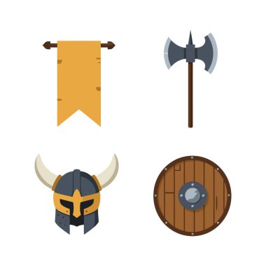 Viking savaşçı miğferi, balta, ahşap kalkan ve bayrak seti sade bir şekilde gösterilmiş, tarihi savaşa hazırlık ve gücü çağrıştırıyor. Dramatik.
