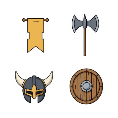 Viking miğferi, çift balta, yuvarlak ahşap kalkan ve ortaçağ bayrağı basit bir şekilde sergilenerek tarihi ve maceracı bir atmosfer yaratıyor..
