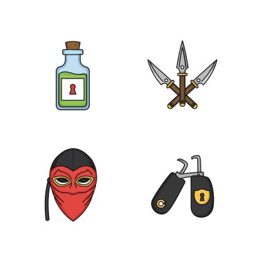 Zehirli şişe, bıçak, maske ve mınçıka gibi ninja silahları, sinsi ve gizemli bir havayı çağrıştıran basit bir şekilde gösterilir..