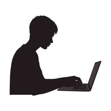 Siluet, dizüstü bilgisayarda profilden yazı yazan genç bir adamı gösteriyor. Odaklanma ve konsantrasyonu minimalist bir tarzda vurguluyor. Sakin ol..