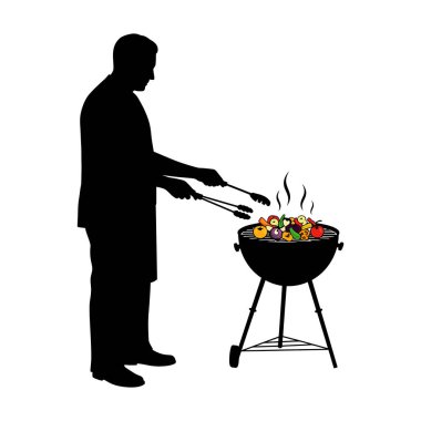 Yuvarlak barbekü ızgarasında karışık sebzeler pişiren buharlı bir adamın silüeti, açık hava yemek pişirme aktivitesi, sakin bir ruh hali..