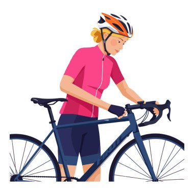 Spor kıyafetli kadın, turuncu kask ve pembe formayı düz vektör tarzında giyerken koyu mavi yol bisikletini ayarlıyor. Aktif ve odaklanmış ruh hali.