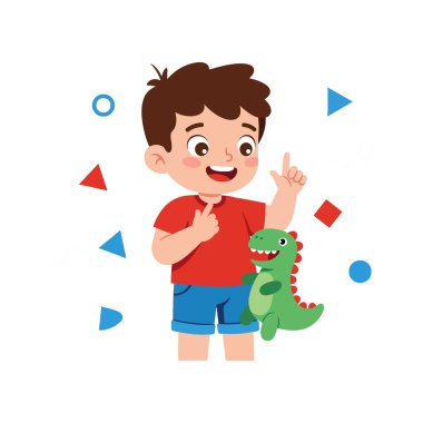 Resimde kırmızı tişörtlü ve mavi şortlu neşeli bir çocuğun elinde renkli geometrik şekillerle çevrili yeşil bir dinozor oyuncağı olduğu görülüyor. Neşeli ruh hali.