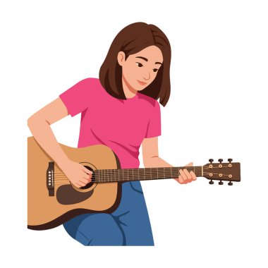 Resimde, kahverengi saçlı, akustik gitar çalan, pembe gömlek ve mavi kot giyen genç bir kadın görülüyor..