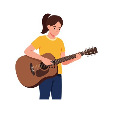 İllüzyon, akustik gitar çalan genç bir kadının sarı gömlek ve mavi pantolon giydiğini, odaklanmış ve sakin bir ruh hali içinde olduğunu gösteriyor..