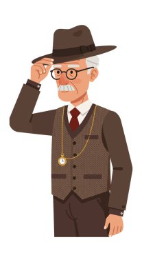 Resimde, kahverengi eski moda takım elbiseli yaşlı bir adam şapkasını çıkartıyor, gözlük takıyor ve cep saati zinciri takıyor, saygıdeğer ruh halini canlandırıyor..