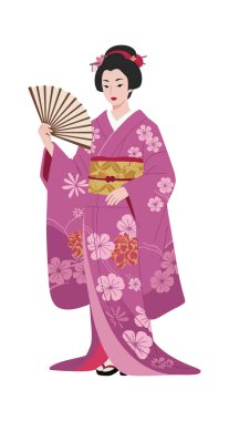 Vektör illüstrasyonunda pembe çiçekli kimono giymiş bir Japon kadının elinde yelpaze tutarak kültürel zarafet ve zarafet sunduğu görülüyor. Sakin ol..