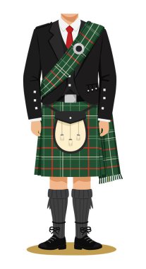 İllüstrasyon, İskoç bir adamın geleneksel İskoç kıyafetiyle tartan kuşağı, sporran ve düz stil resmi bir ceketle şık bir modda durduğunu gösteriyor..