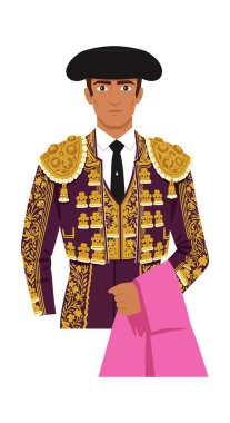 İllüstrasyon, geleneksel mor ve altın rengi traje de luces giymiş matador 'un elinde pembe bir pelerin, kendine güvenen, canlı ve cesur bir ruh hali olduğunu gösteriyor..