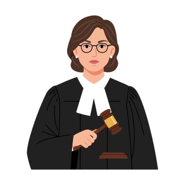 İllüzyon, elinde tahta bir tokmak tutan siyah cüppeli bir kadın yargıcın otoriteyi ve adaleti temsil ettiğini gösteriyor. Ciddi bir ruh hali..