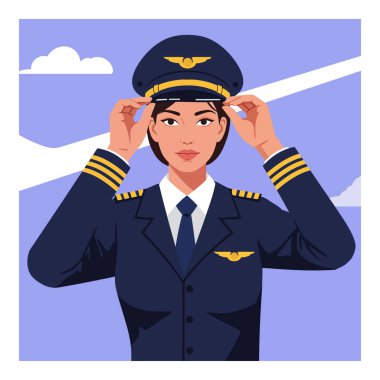 Kadın ticari havayolu pilotu mavi gökyüzünün altında açık havada kanatlı bir üniforma giyerek şapkasını düzeltiyor. Kendine güvenen ve profesyonel ruh hali.