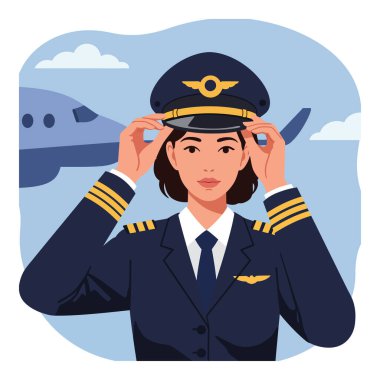 İllüzyon, kadın bir havayolu pilotunun gün ışığında arkasında büyük bir uçakla kaptan şapkasını ayarlayarak profesyonel ve kendinden emin bir hava yarattığını gösteriyor..