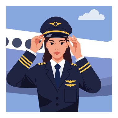 İllüzyon, kendine güvenen bir kadın pilotun arka planda mavi gökyüzü ve uçak ile şapkasını ayarlayarak profesyonelliği ve sakinliği aktardığını gösteriyor..