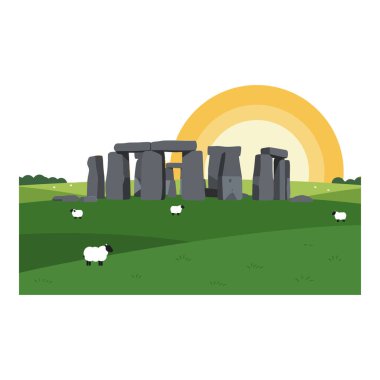 Vektör illüstrasyonu, yeşil çimlerde otlayan koyunlarla Stonehenge 'i ve arka planda sarı bir günbatımını gösteriyor..