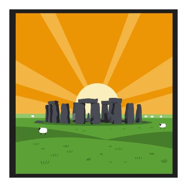 Vektör, gün doğumunda Stonehenge anıtını yeşil çimenler ve koyunlarla kare bir çerçevede gösteriyor. Huzurlu ve sakin bir ortam yaratıyor..