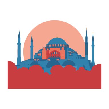 Vektör dosyası Ayasofya İstanbul siluetini gösteriyor. Mavi ve kırmızı renkler ve günbatımı arkaplanıyla sakin ve sıcak bir hava yaratıyor..