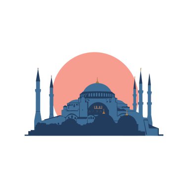 Ayasofya Sofya İstanbul siluetinin kırmızı günbatımı arkaplanlı, minimalist bir tarzda mimari güzelliği gösteren temsili temsili bir tasviri. Sakin.