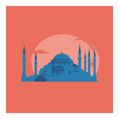 Vektör illüstrasyonu, Ayasofya İstanbul siluetini turuncu bir arkaplan üzerinde gösterirken, sakin ve sanatsal bir hava yaratıyor..