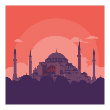 Vektör illüstrasyonu, Ayasofya İstanbul 'un kırmızı ve mor gün batımı gökyüzüne karşı siluetini gösteriyor. Bulutlu, huzurlu bir hava yaratıyor..