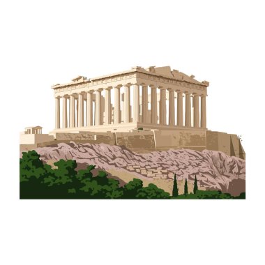 Resimlerde Parthenon tapınağı yeşil yeşilliklerle kaplı kayalık tepenin üstünde, açık bej ve yeşil tonlarda, huzurlu bir his var..