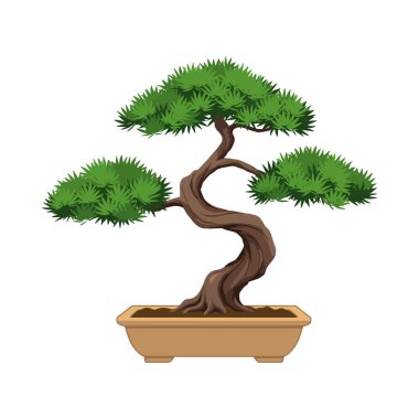Çizimler, beyaz arka planda dikdörtgen bir tencerede bükülmüş gövdesi ve yoğun yeşil yaprakları olan bir bonsai ağacı gösteriyor. Sakin ol..