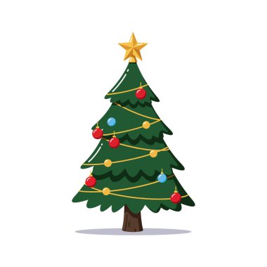 Vektör illüstrasyonunda kırmızı ve mavi süslemelerle süslenmiş yeşil bir Noel ağacı ve şenlik havasını çağrıştıran altın yıldız süsü görülüyor..