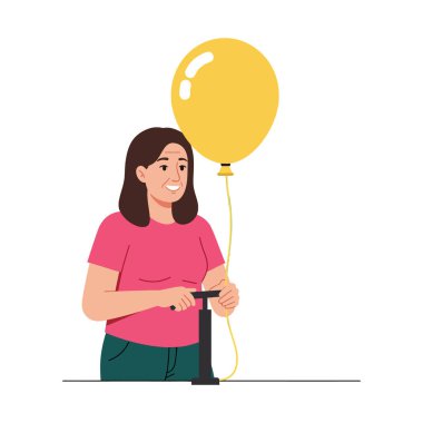 Kadın gülümserken el pompası kullanarak sarı bir balon şişiriyor, günlük kıyafetler giyip, temiz bir vektör tarzıyla tasvir ediliyor. Neşeli ruh hali.
