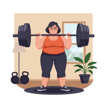 Ağırlık kaldıran bir kadın. Spor salonunda ağırlık kaldırıyor. Etrafı çan ve yeşil bir bitki ile çevrili. Motivasyon havası.