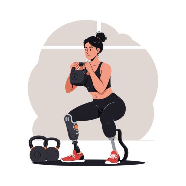 Protez bacaklı bir kadın spor yaparken kettlebell çömelmesi yapar. Odaklanmış bir atmosferde güç ve kararlılık gösterir..