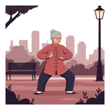 Yaşlı bir kadın akşam karanlığında şehir parkında tai chi yapıyor, yumuşak mor renkler ve sakin bir ortam ile çevrili, huzuru ve odaklanmayı ifade ediyor..