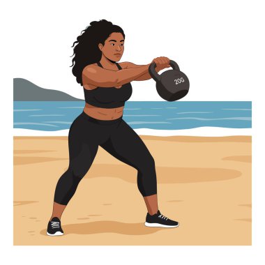 Kadın deniz ve tepelerin yakınındaki kumlu sahilde kettlebell egzersizi yapıyor. Güç ve zindelik odaklı, aktif ruh hali..